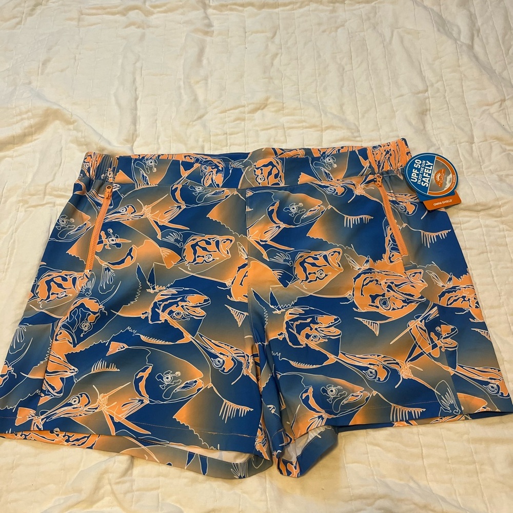 Columbia Blue and Orange Fish Pattern Board Shorts